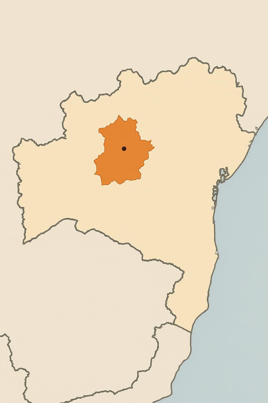 Mapa da Bahia destacando a localização de Irecê em laranja, com contornos em cinza sobre um fundo neutro.